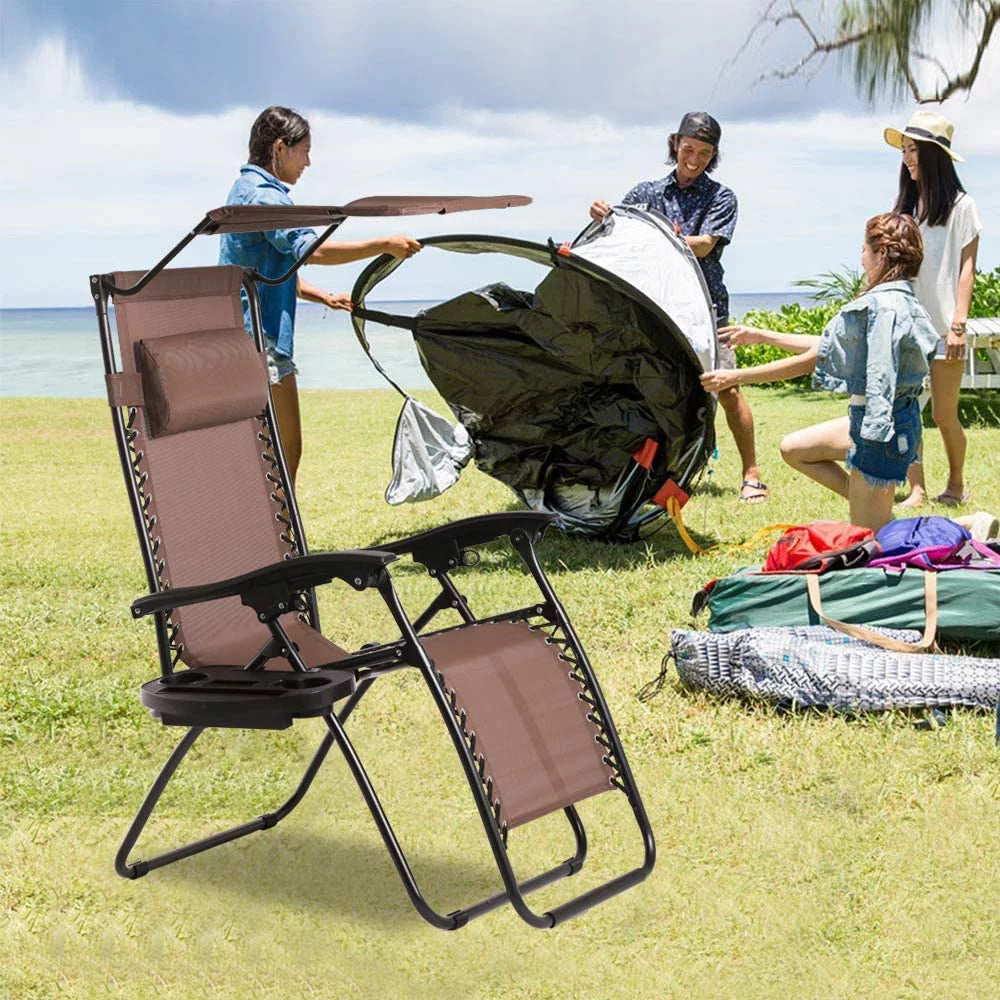 Zero Gravity Chair Set of 2 Folding Recliner with Canopy and Cup Holder Brown B788