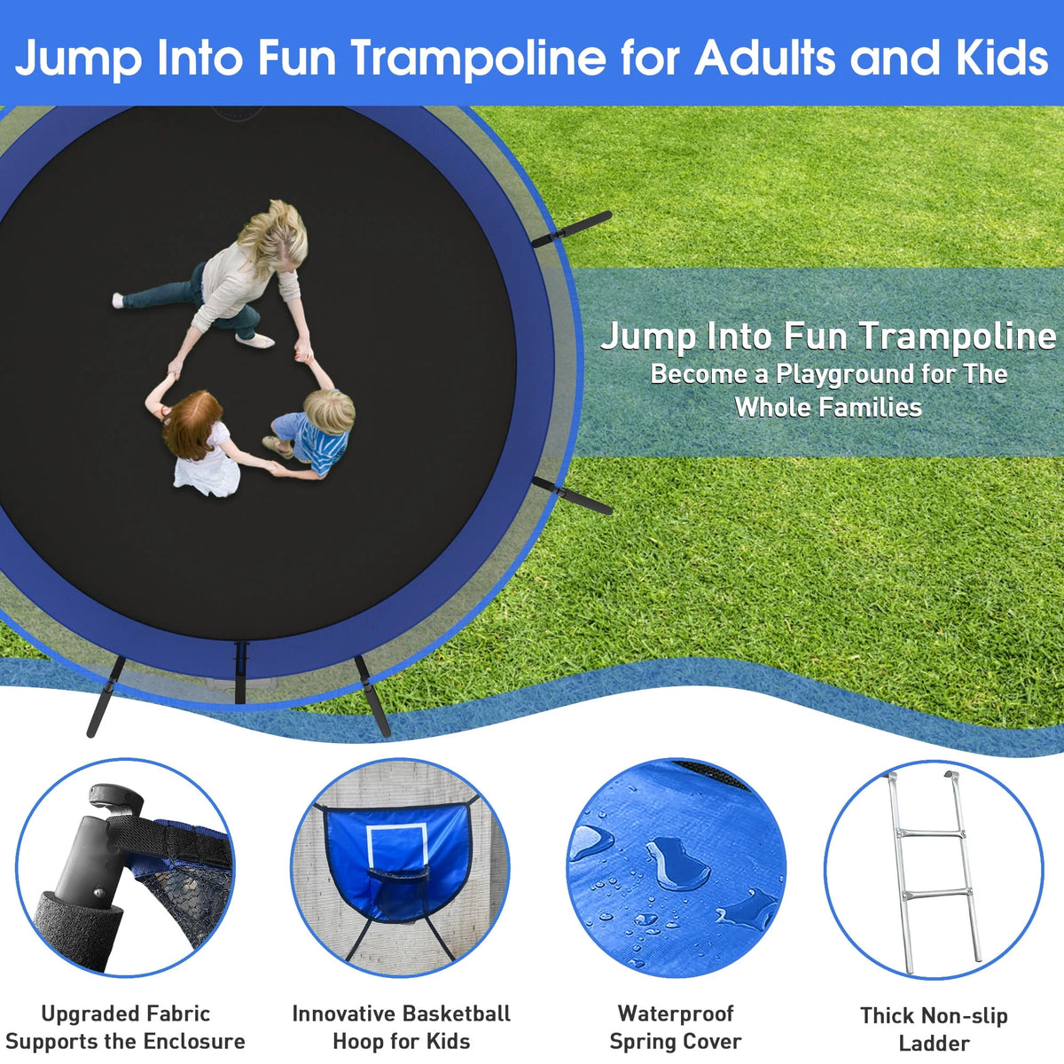 12FT 14FT Trampoline with Enclosure, Basketball Hoop, LED Light and Sprinkler L67613