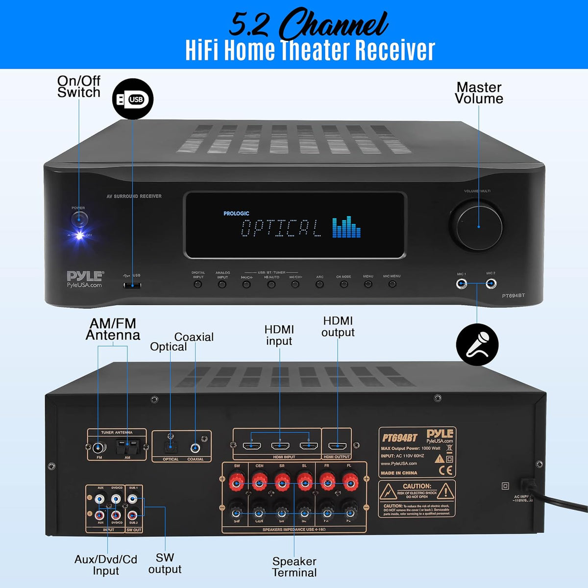 5.2-Channel Bluetooth Stereo Amplifier 1000 Watt C7025