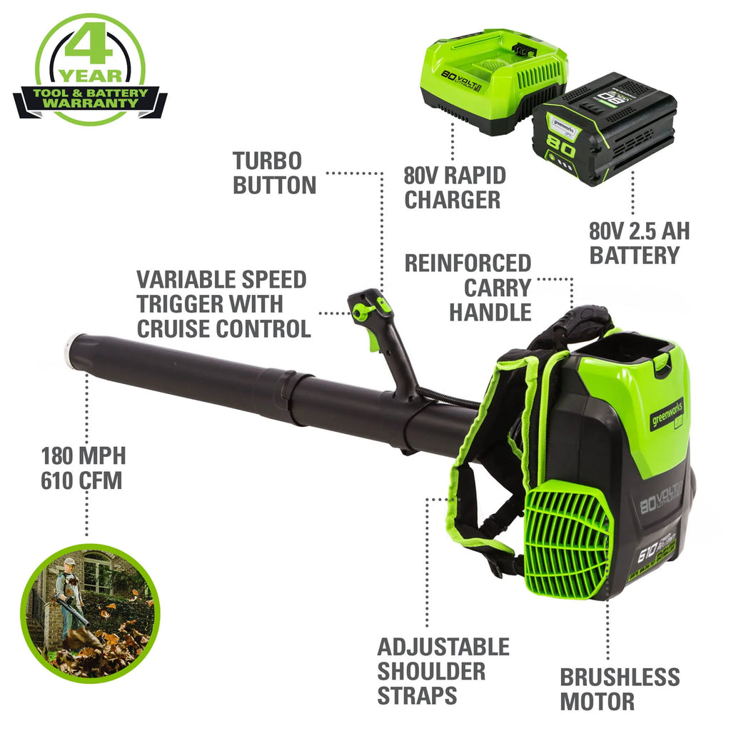 80V 610 CFM Brushless Backpack Blower with 2.5 Ah Battery & Charger E884594