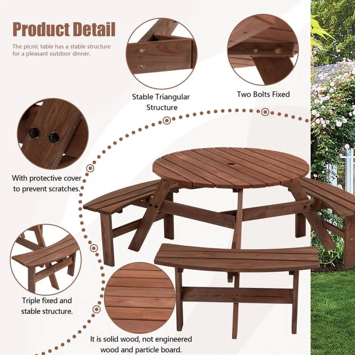 6-Person Circular Wooden Picnic Table with 3 Built-in Benches Z70216