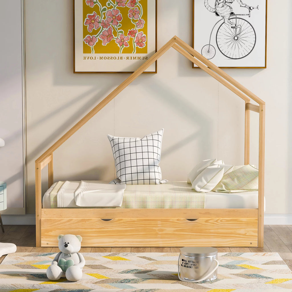 Twin Size Wooden House Bed with Trundle F607