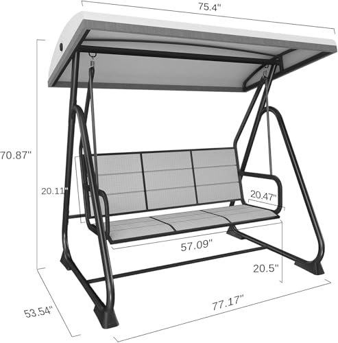 3-Person Outdoor Porch Swing with Adjustable Canopy, Charcoal Black I5878