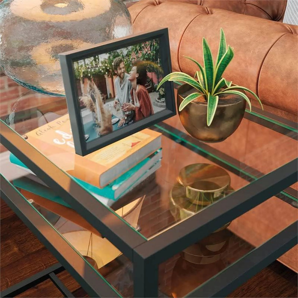 Black Metal End Table with Tempered Glass Top N10043
