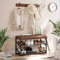Brown Faux Leather Entryway Storage Bench with 4 Hooks S10704