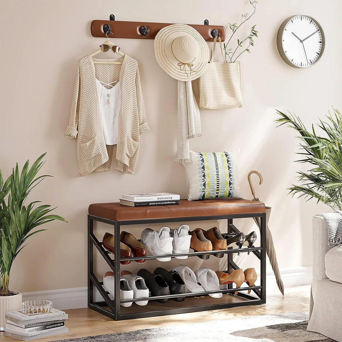 Brown Faux Leather Entryway Storage Bench with 4 Hooks S10704