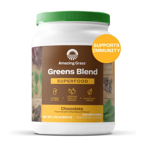 Super Greens Powder Smoothie Mix with Spirulina, Beet Root, Chlorella, Prebiotics & Probiotics, Chocolate, 100 Servings Y2035
