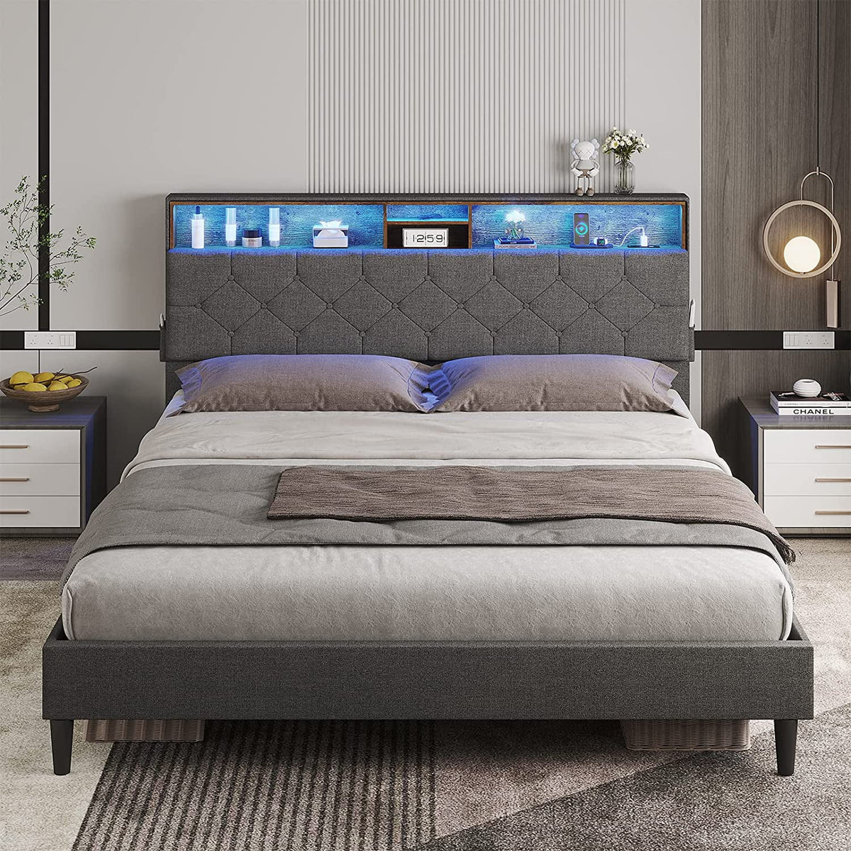 Full Size Platform Bed Frame with LED Headboard, Outlets and USB Ports, Dark Grey E154