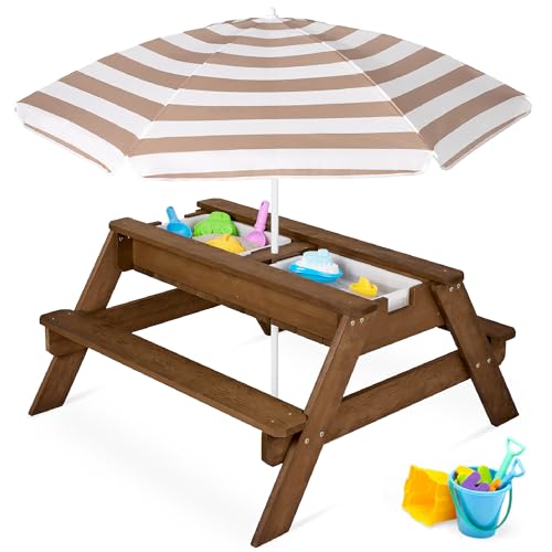 Kids 3-in-1 Sand & Water Table Wood Picnic Table with Umbrella F27085