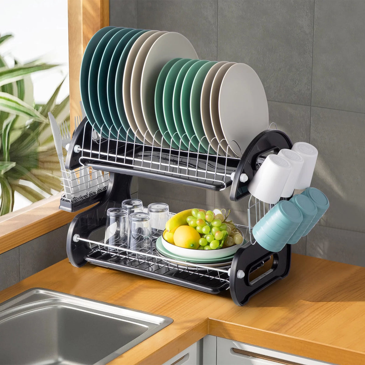 Black 2-Tier Plastic Dish Drainer E397681