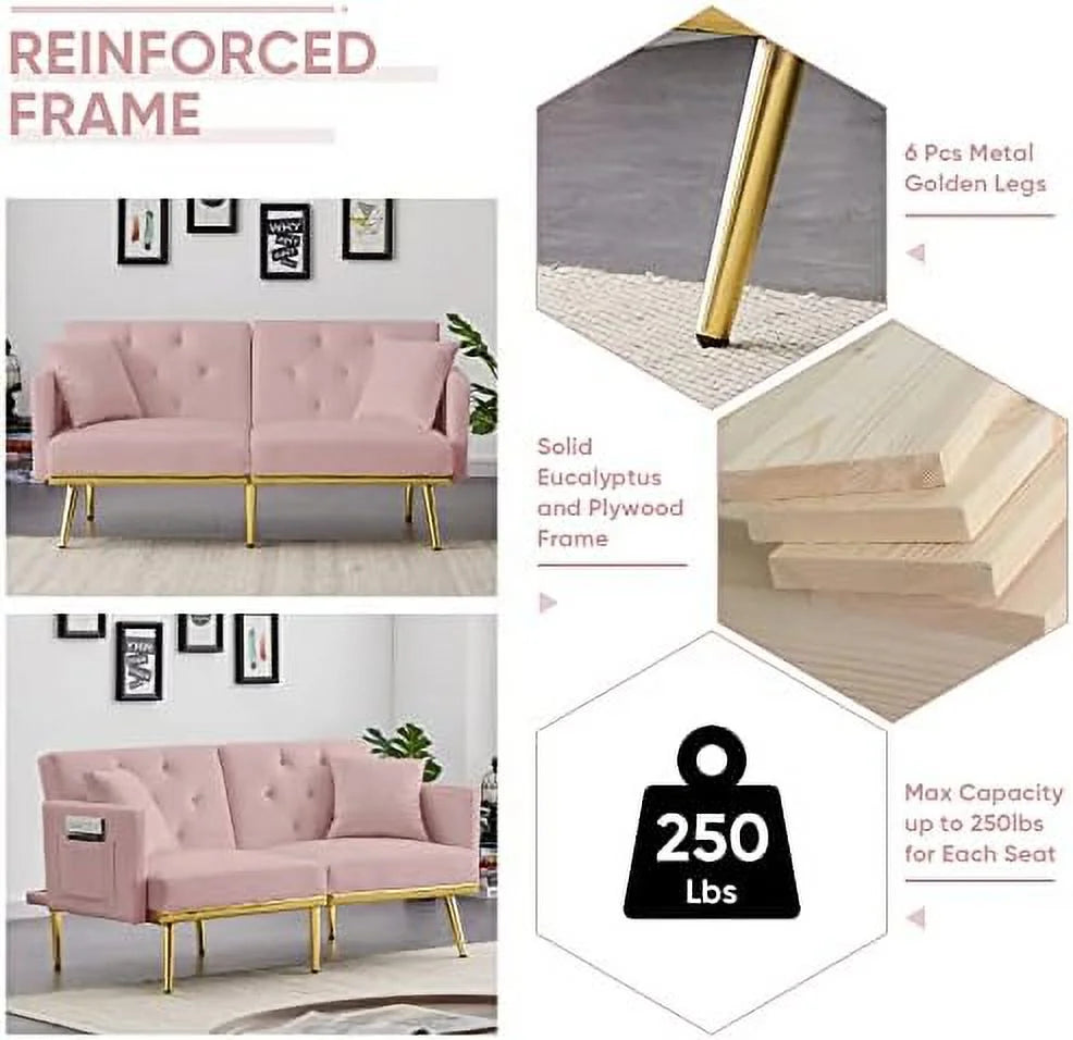 Convertible Futon Sofa Bed 59-inch Velvet Sleeper Sofa with Two Pillows P97236