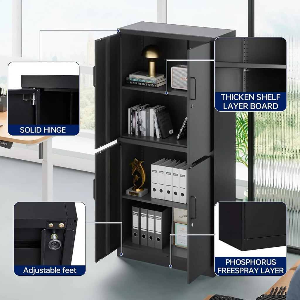 Black Metal Locking Storage Cabinet with 4 Doors and 2 Adjustable Shelves Q6804