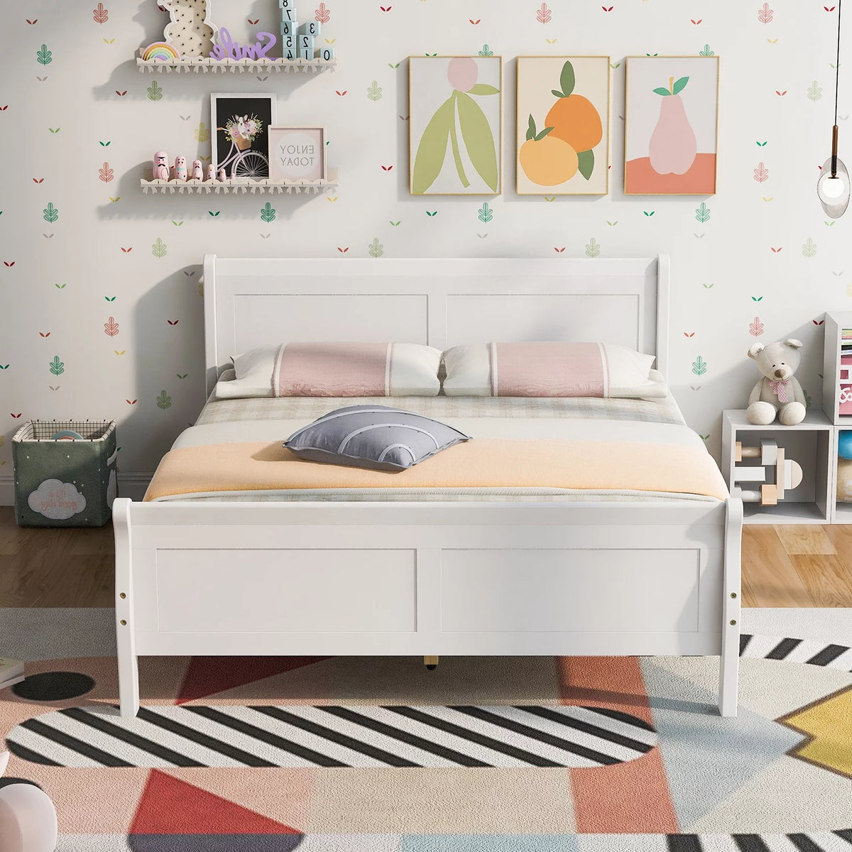 White Full Size Platform Bed Frame with Wood Headboard and Footboard G630768