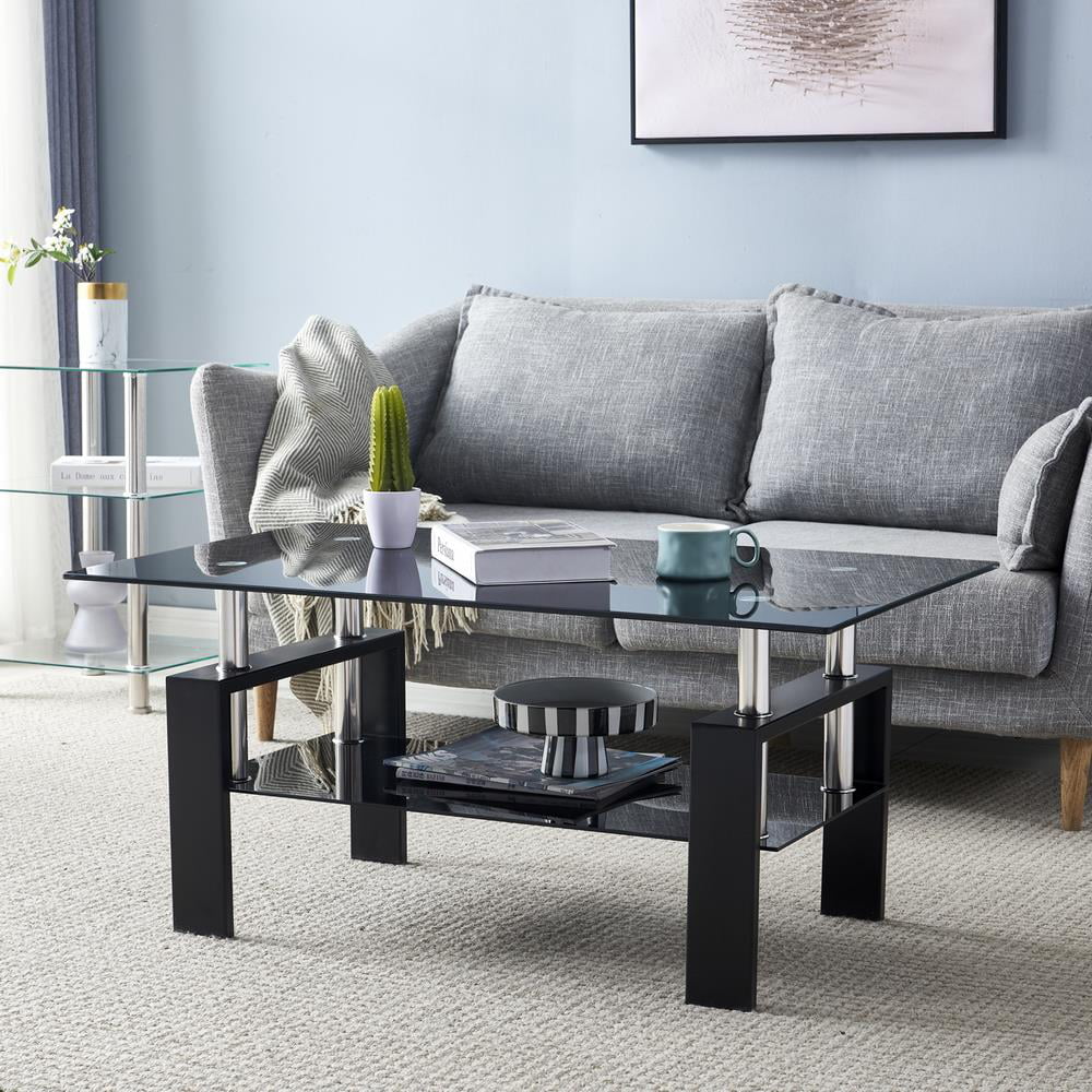 Rectangle Glass Coffee Table with Lower Shelf Metal Legs Z88644