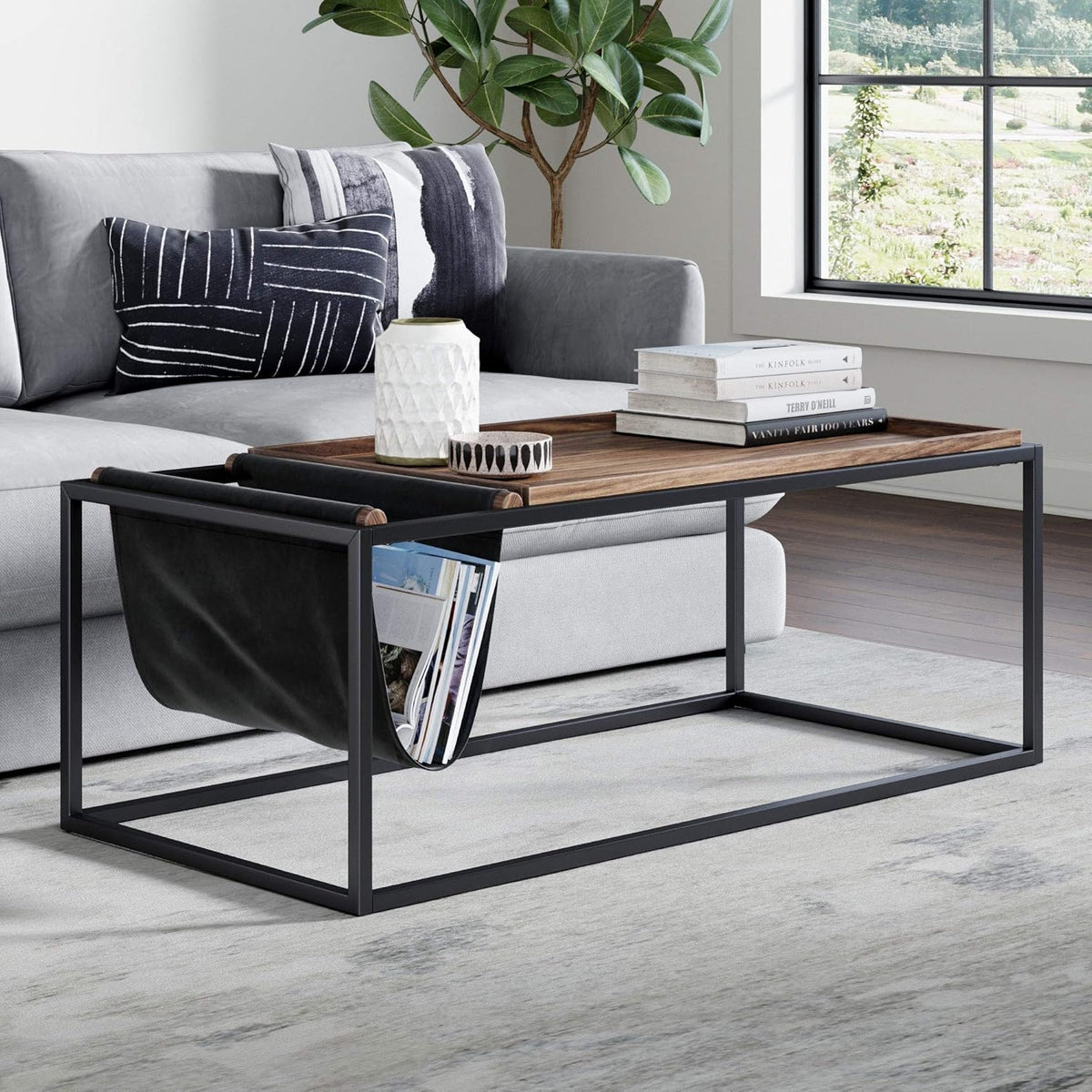 Walnut Acacia Veneer Metal Coffee Table J1293