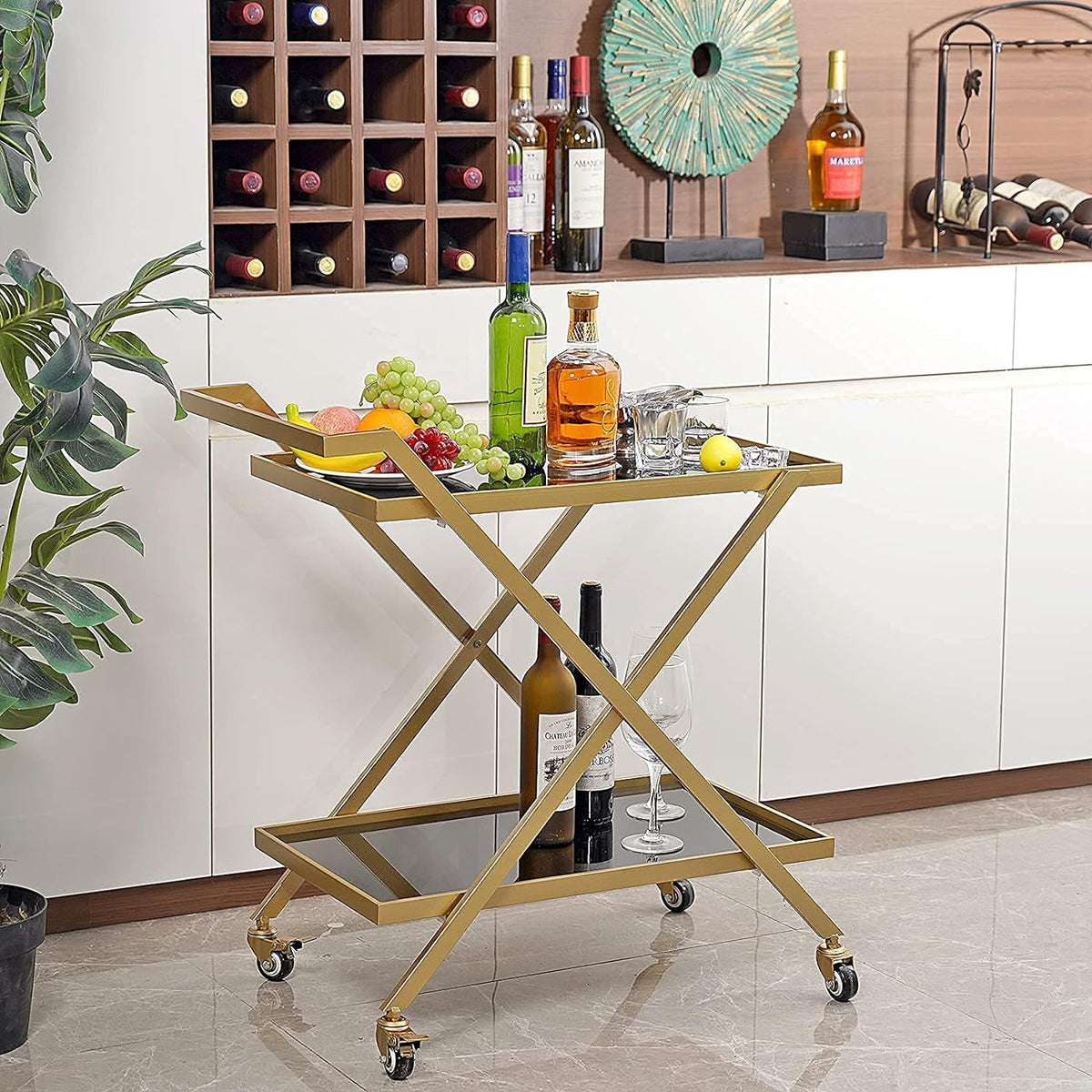 Black Gold 2-Tier Rolling Bar Cart Q48975