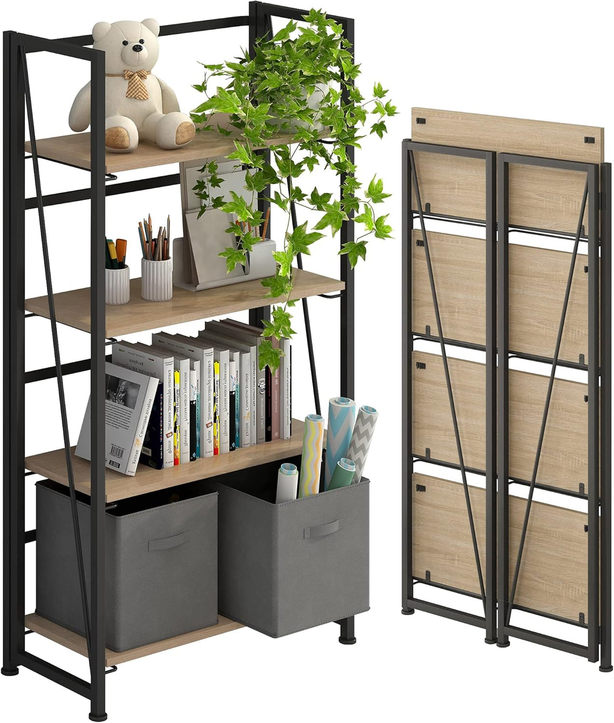Folding Bookshelf Storage Shelves 5 Tiers with 2 Storage Drawers Brown and Black X718879