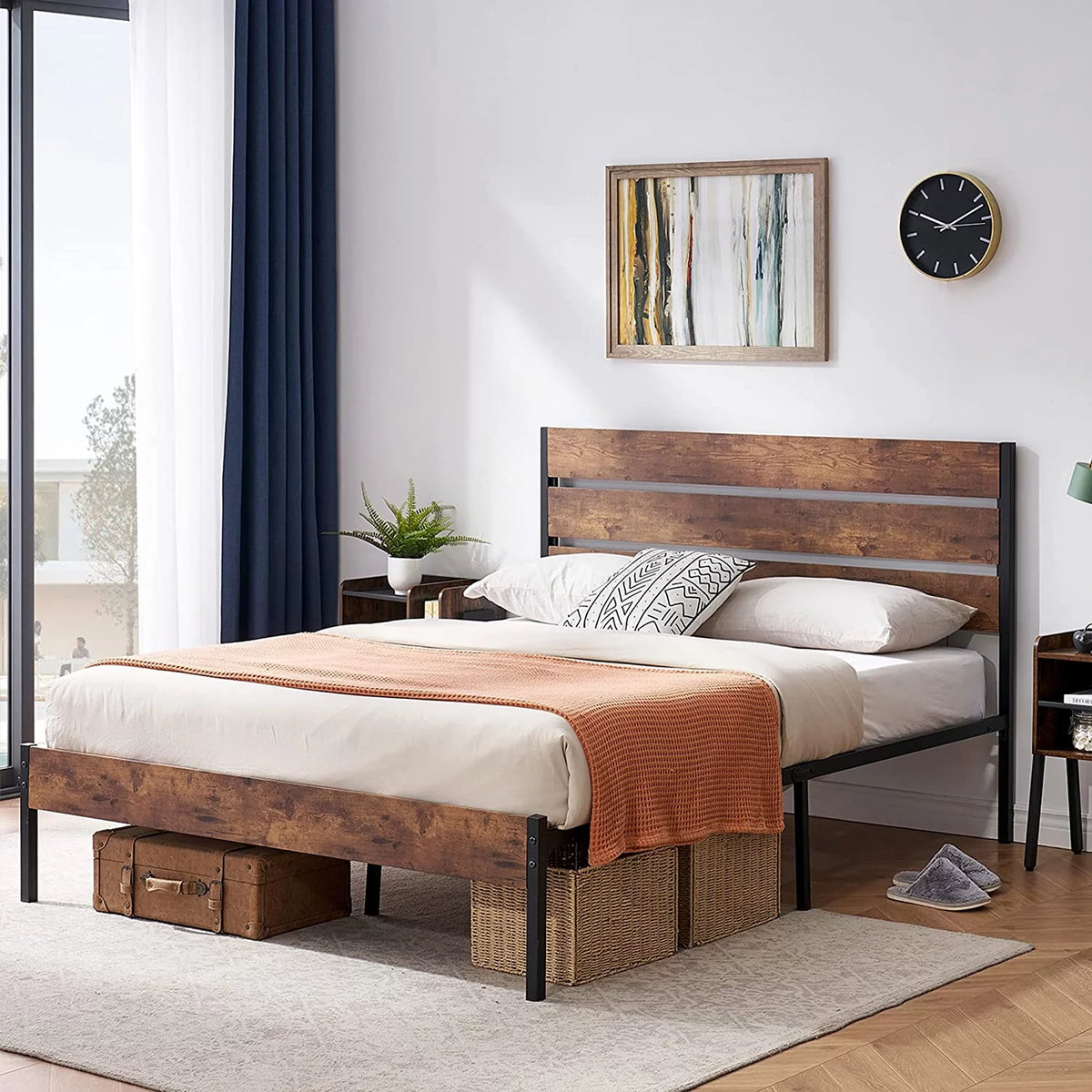 Queen Bed Frame with Wood Headboard and Footboard and Nightstand Set of 2 S299530
