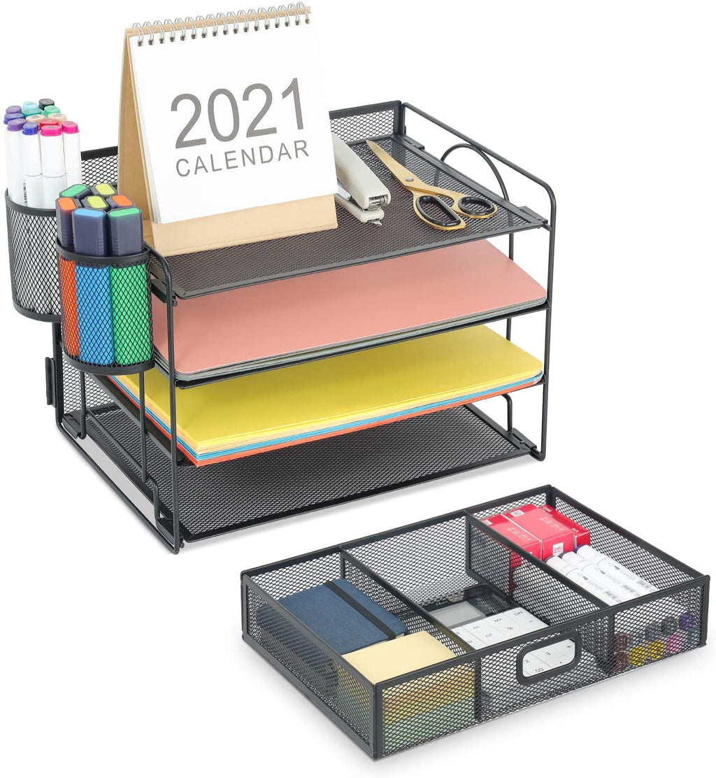 Black 4-Trays Mesh Desktop File Organizer with Drawer and Pen Holder T2759