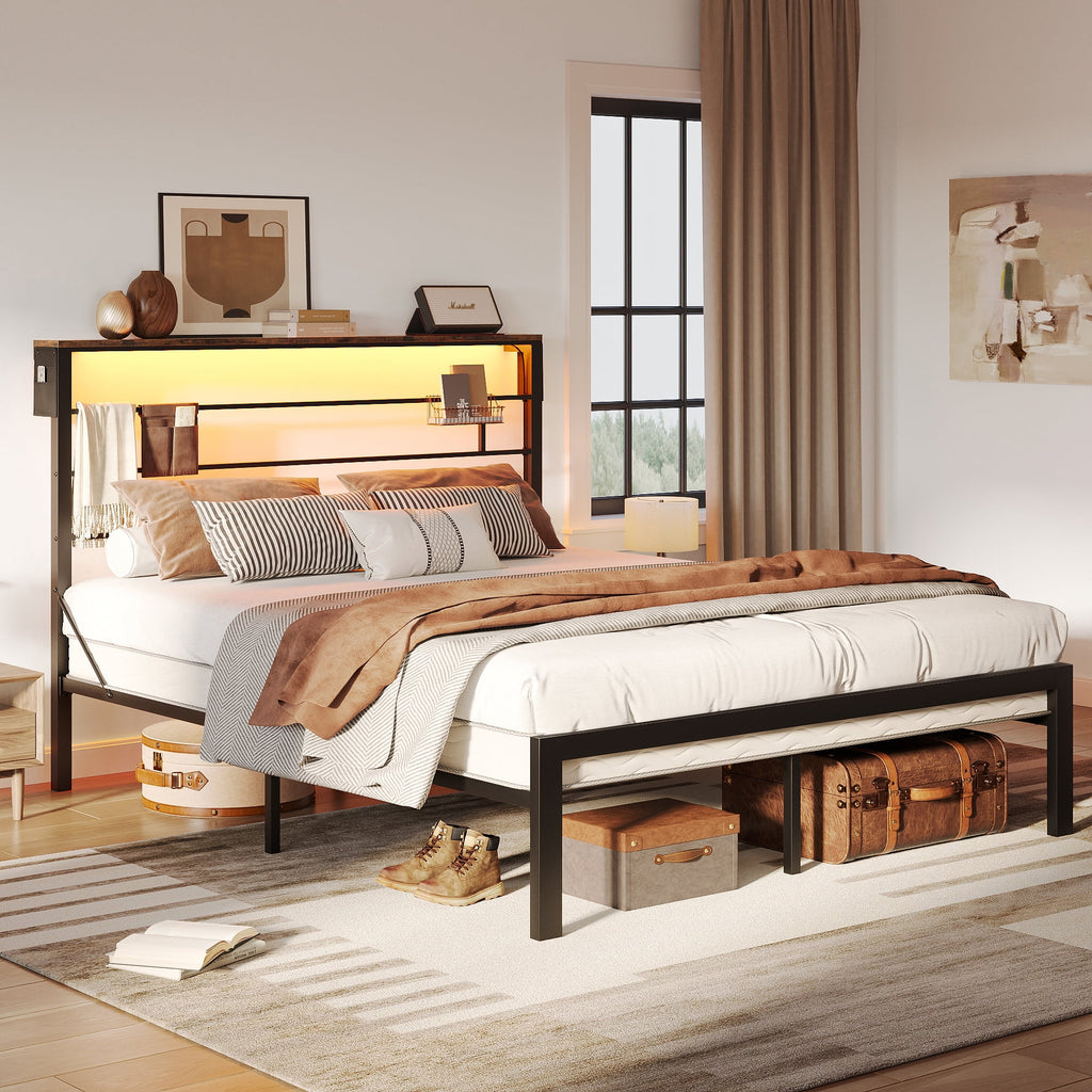 Queen Size Black Metal Platform Bed Frame with Storage Headboard R9333