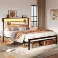 Queen Size Black Metal Platform Bed Frame with Storage Headboard R9333