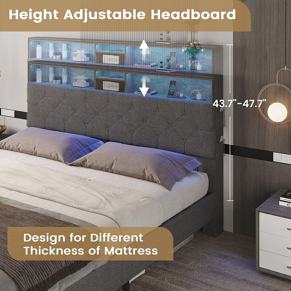 Full Size Platform Bed Frame with LED Headboard, Outlets and USB Ports, Dark Grey E154