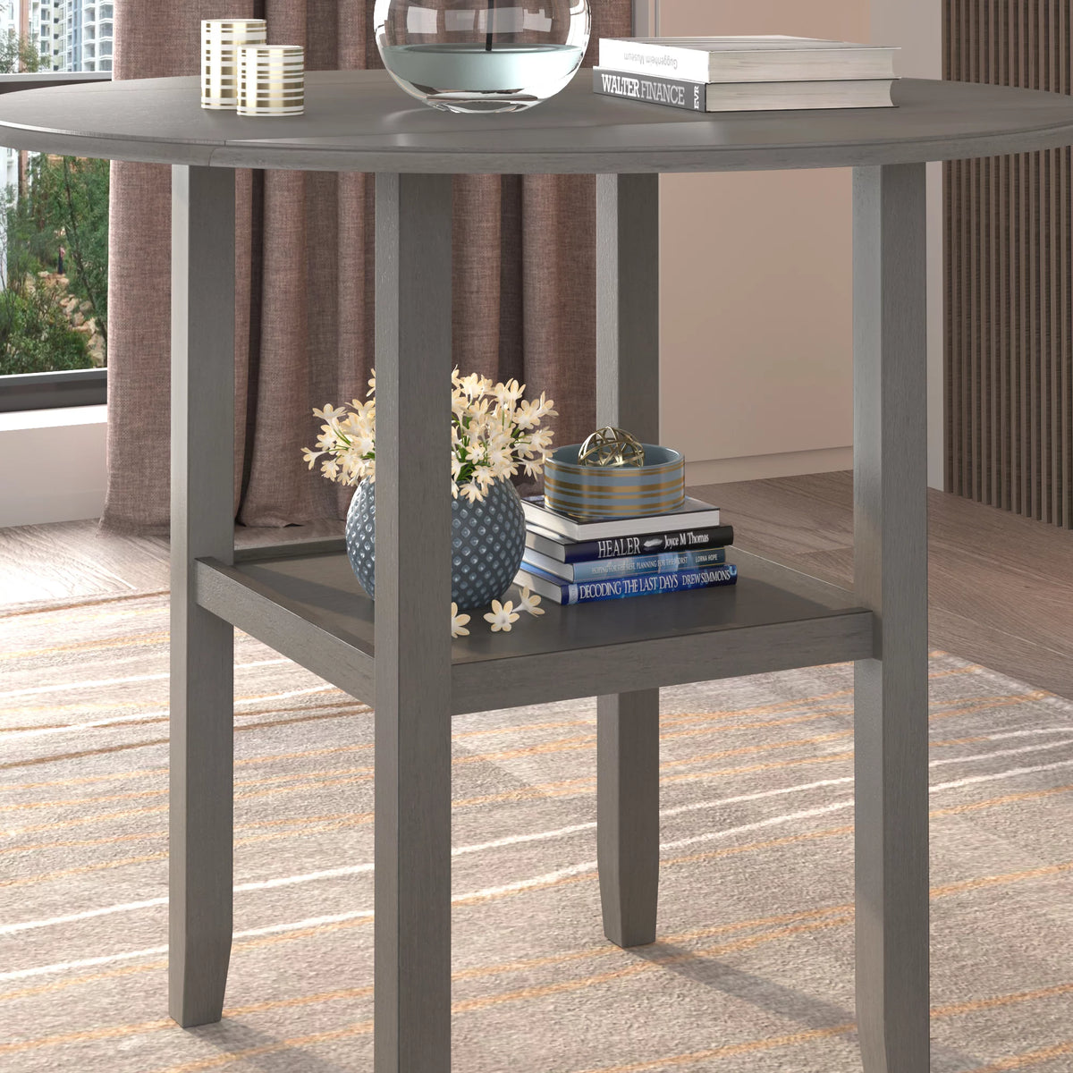 Round Drop Leaf Kitchen Dining Table with Shelf N557356