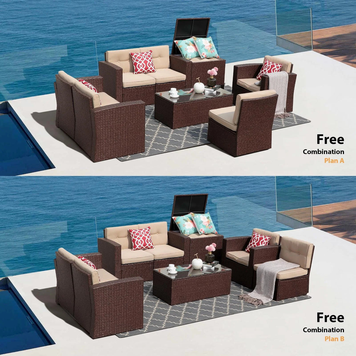 8 Pc Wicker Rattan Outdoor Furniture Set with Storage Box J65511