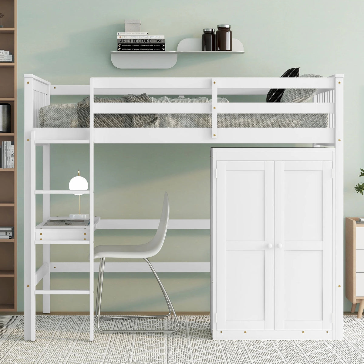 White Twin Loft Bed Frame with Desk and Wardrobe G68091