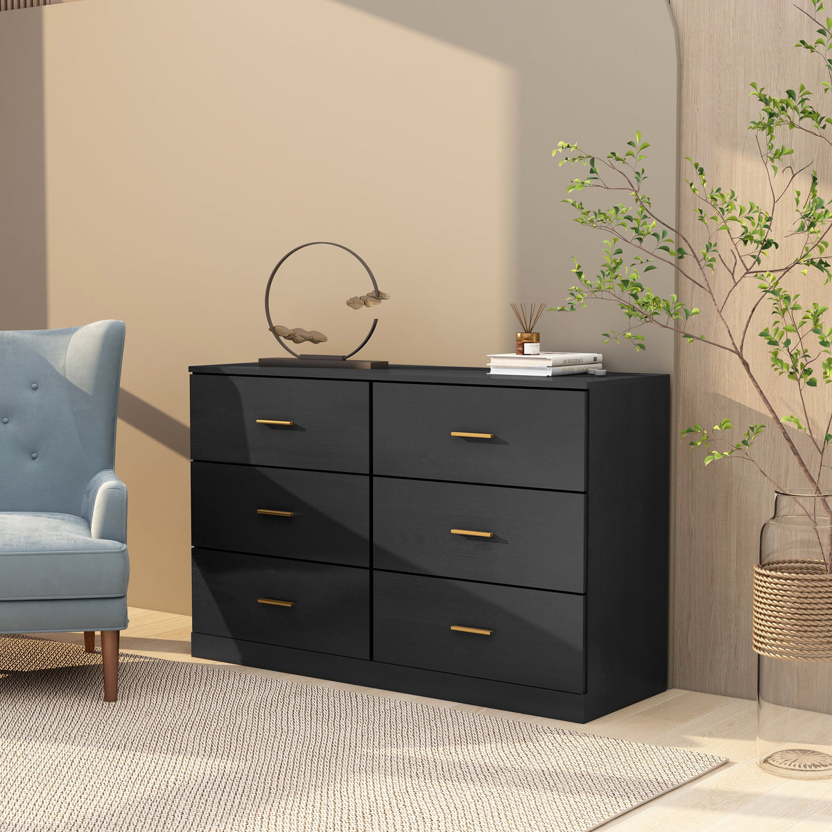 Black 6 Drawer Dresser with Doors W193