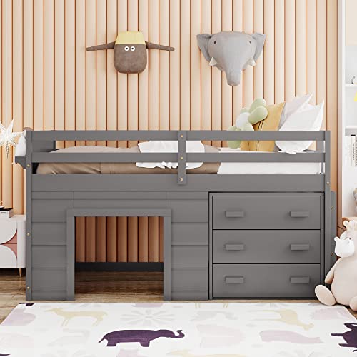 White Full Size Wood Loft Bed with Slide and Drawer Storage T708