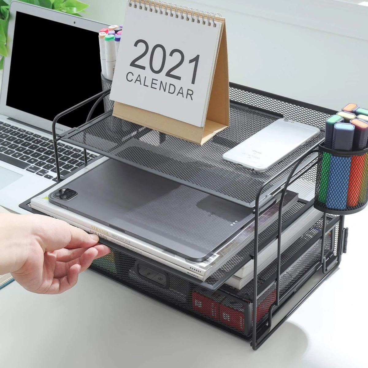 Black 4-Trays Mesh Desktop File Organizer with Drawer and Pen Holder T2759