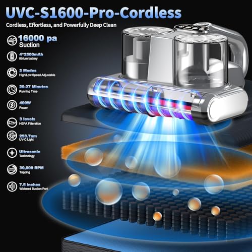 Cordless Mattress Vacuum Cleaner with 16Kpa Suction, UV-C Light, HEPA Filtration G4326