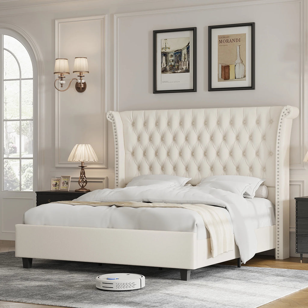 Queen Size White Velvet Upholstered Platform Bed O717