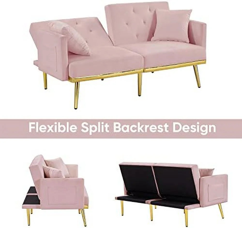 Convertible Futon Sofa Bed 59-inch Velvet Sleeper Sofa with Two Pillows P97236