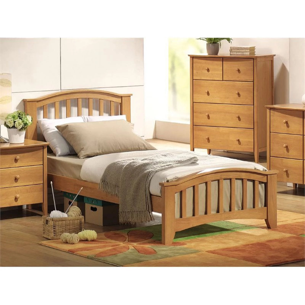 Twin Slat Bed with Headboard in Maple R2412
