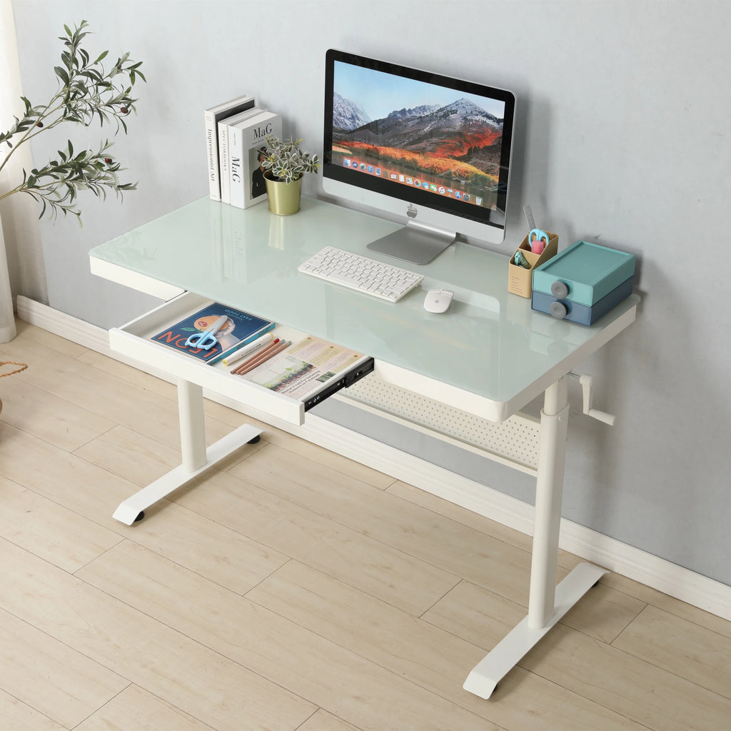 Tempered Glass Adjustable Height Standing Desk with Metal Drawer U30444