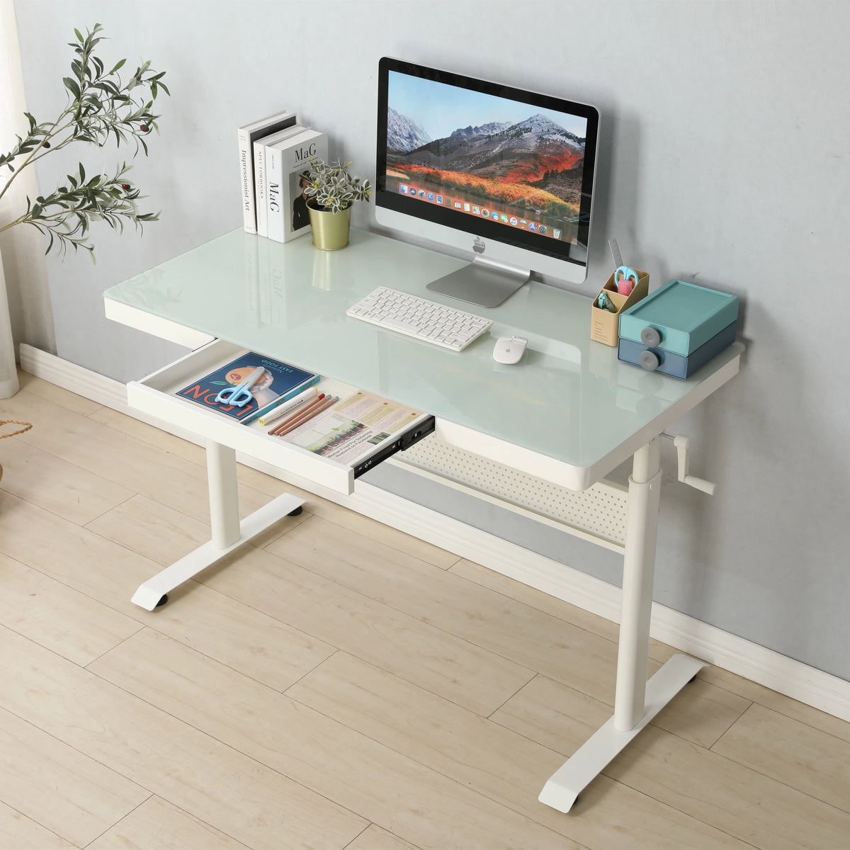 Tempered Glass Adjustable Height Standing Desk with Metal Drawer U30444