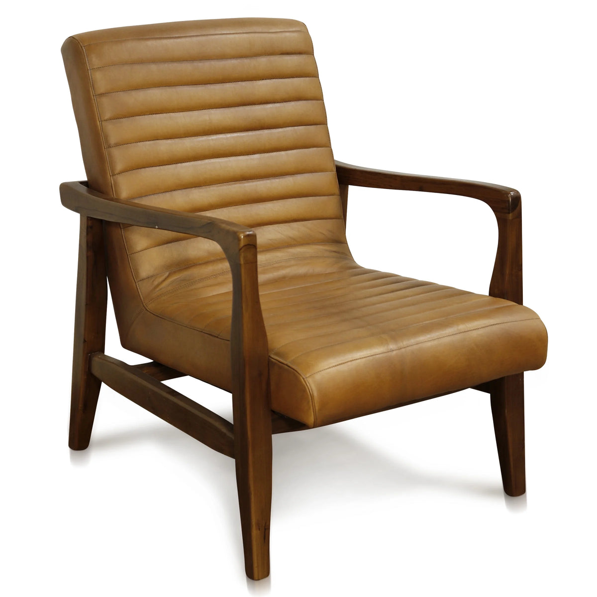 Channel Back Lounge Chair Solid Teak Wood Saddle Leather C68039