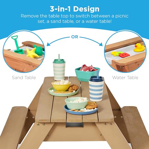 Kids 3-in-1 Sand & Water Table Wood Picnic Table with Umbrella F27085