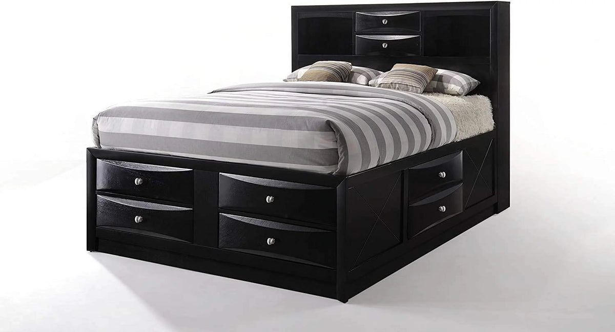 Queen Size Bed with Storage and Headboard Bookcase in Black A401512