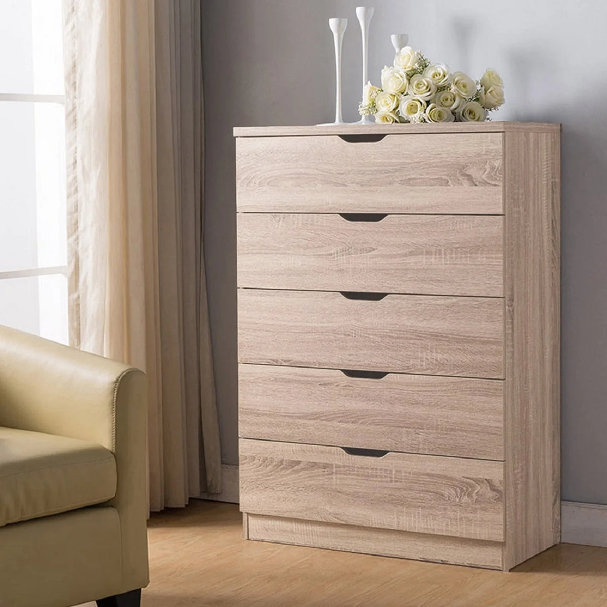 Brown 5 Drawer Wood Dresser L968