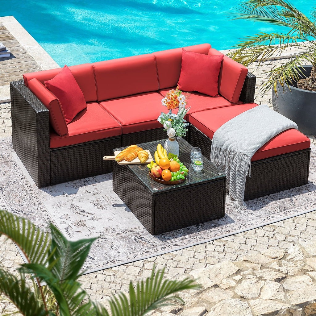 5 Pieces PE Rattan Wicker Patio Sectional Set with Table N20693