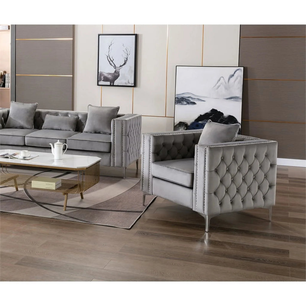 2 Piece Velvet Loveseat and Chair Set in Gray A4261