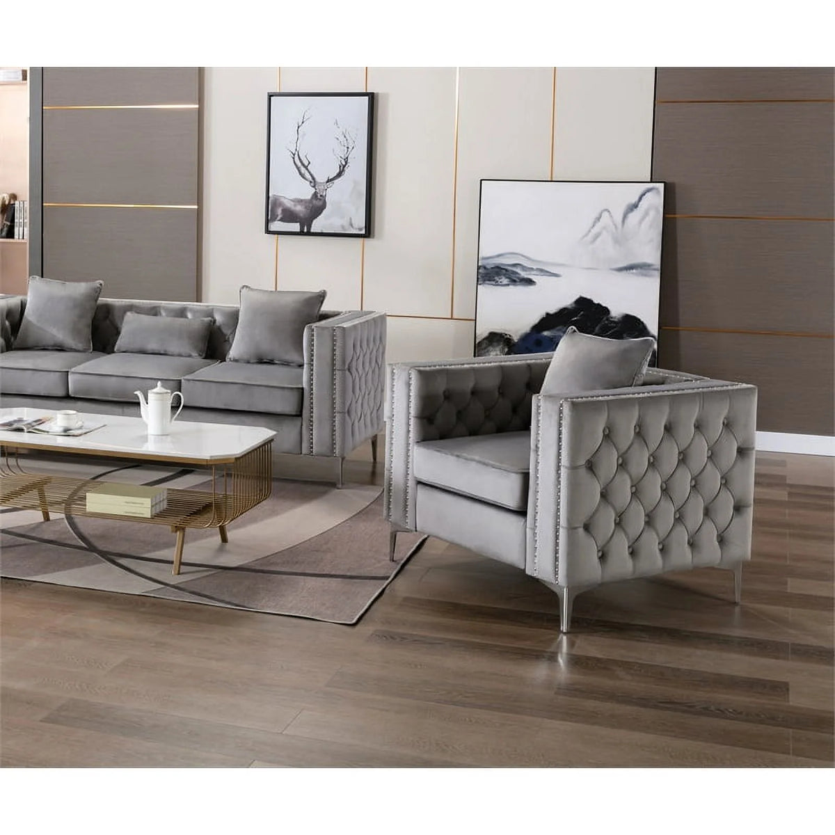 2 Piece Velvet Loveseat and Chair Set in Gray A4261