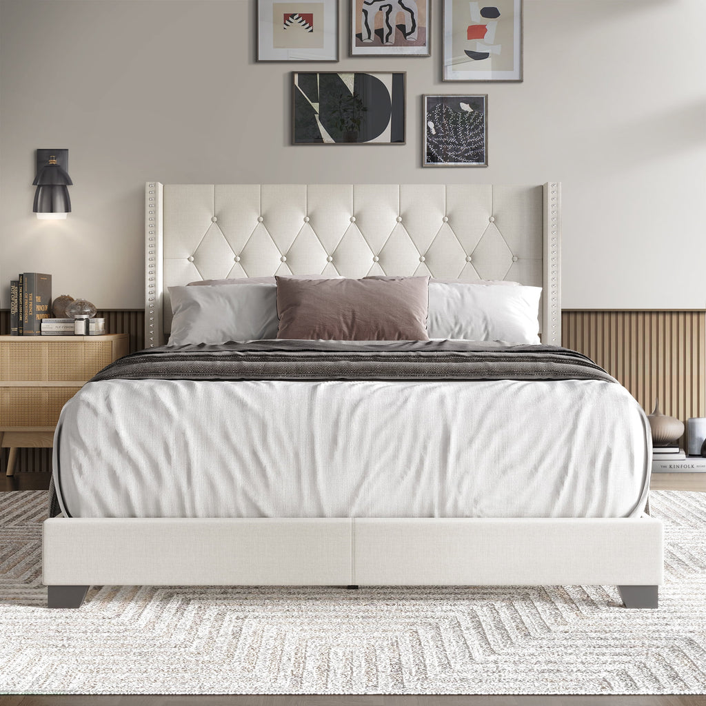 Blue Linen Upholstered Wingback Bed M1022