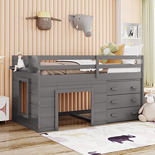 White Full Size Wood Loft Bed with Slide and Drawer Storage T708