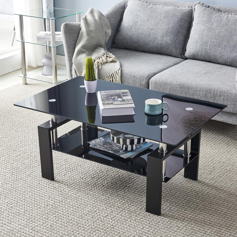 Rectangle Glass Coffee Table with Lower Shelf Metal Legs Z88644