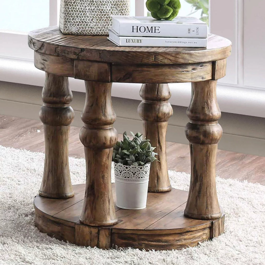 Round Wooden End Table with Open Shelf Antique Oak F27483