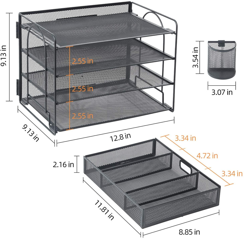 Black 4-Trays Mesh Desktop File Organizer with Drawer and Pen Holder T2759